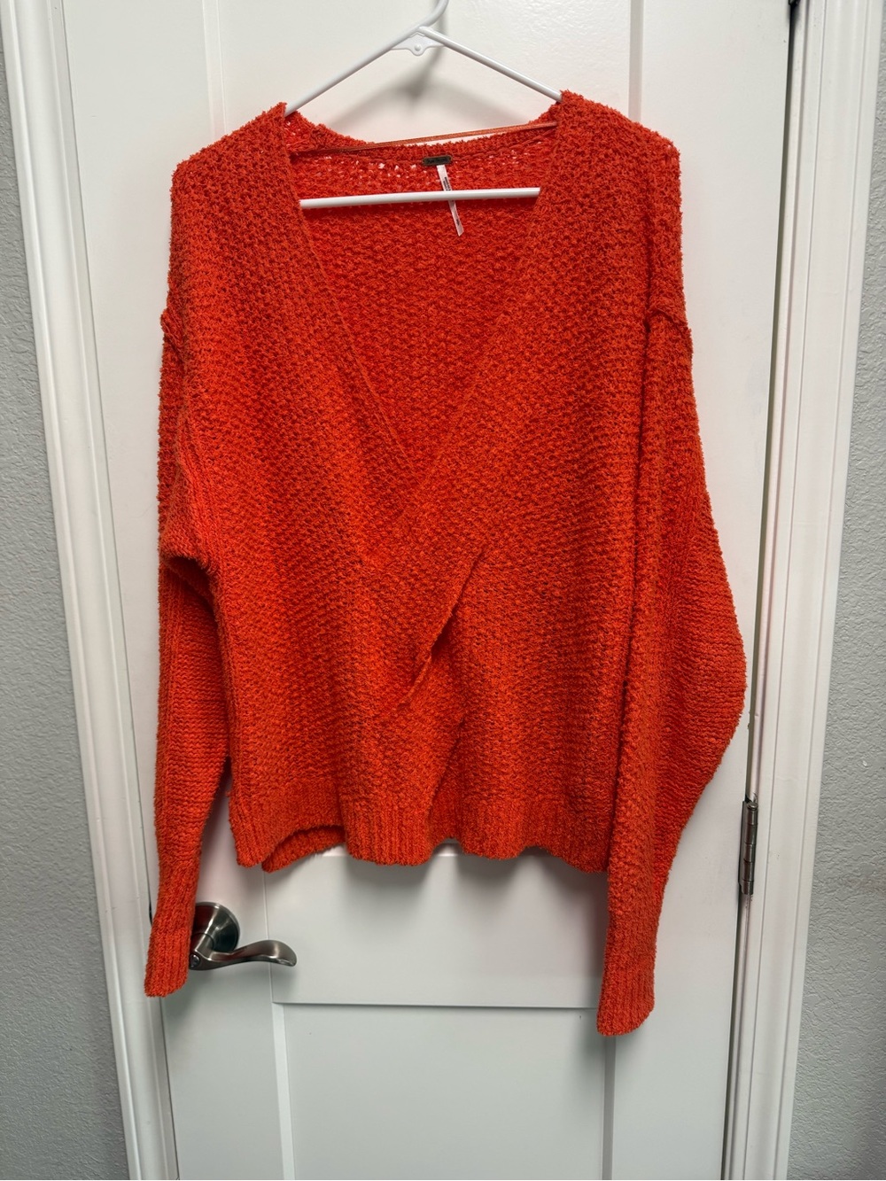 Free People V-Neck Chunky Knit Sweater in Bright Orange